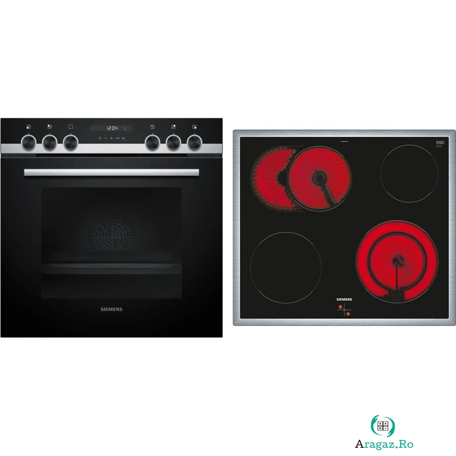 SIEMENS Set Siemens EQ521KA11, cuptor incorporabil HE517GBS3, 71 l, dispune de aer fierbinte 3D poate coace 3 tavi odata, otel inoxidabil + plita vitroceramica electrica EA64RGNA1E, 4 zone gatit , Negru -Inox