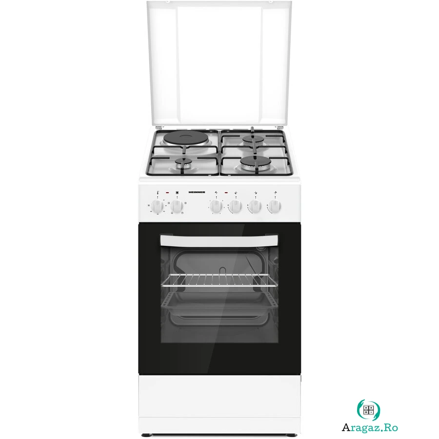 HEINNER Aragaz mixt Heinner HFSC-S56E1HSWH, 3 arzatoare gaz + 1 plita electrica, aprindere electrica arzatoare, cuptor electric, clasa A, grill, 50x60 cm, Alb la 1,316.99 lei ron