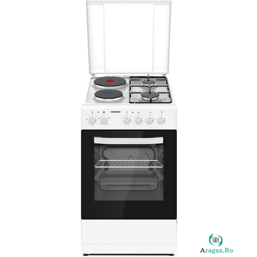 HEINNER Aragaz mixt Heinner HFSC-S56E2HSWH, 2 arzatoare gaz + 2 plite electrice, aprindere electrica arzatoare, cuptor electric, clasa A, grill, 50x60 cm, Alb la 1,229.99 lei ron
