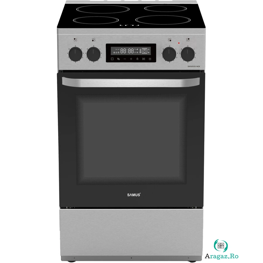 Aragaz Full Electric SM569VDE Plita Vitroceramica cu 4 Zone de Gatit Cuptor 59L Timer Digital Grill Ventilatie 50CM Clasa A Inox/Argintiu la 1,614.99 lei ron
