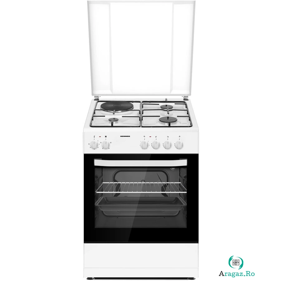 HEINNER Aragaz mixt Heinner HFSC-S60E1HSWH, 3 arzatoare gaz + 1 plita electrica, aprindere electrica arzatoare, cuptor electric, clasa A, grill, 60x60cm, Alb