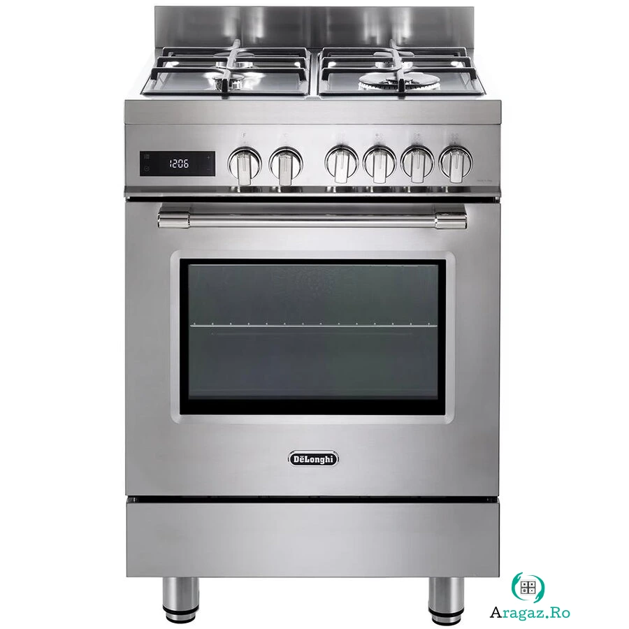 CANDY Aragaz profesional De Longhi PRO 66 MXL PZ RO, 4 arzatoare, Gaz + Electric, L 60 cm, Grill, Inox