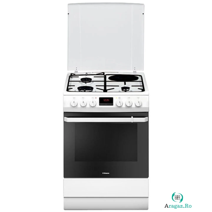 hansa Aragaz Hansa FCMW68209, 3 arzatoare/ 1 zona de gatire, Mixt , Grill, Rotisor, Timer, Clasa A, 60 cm, Alb
