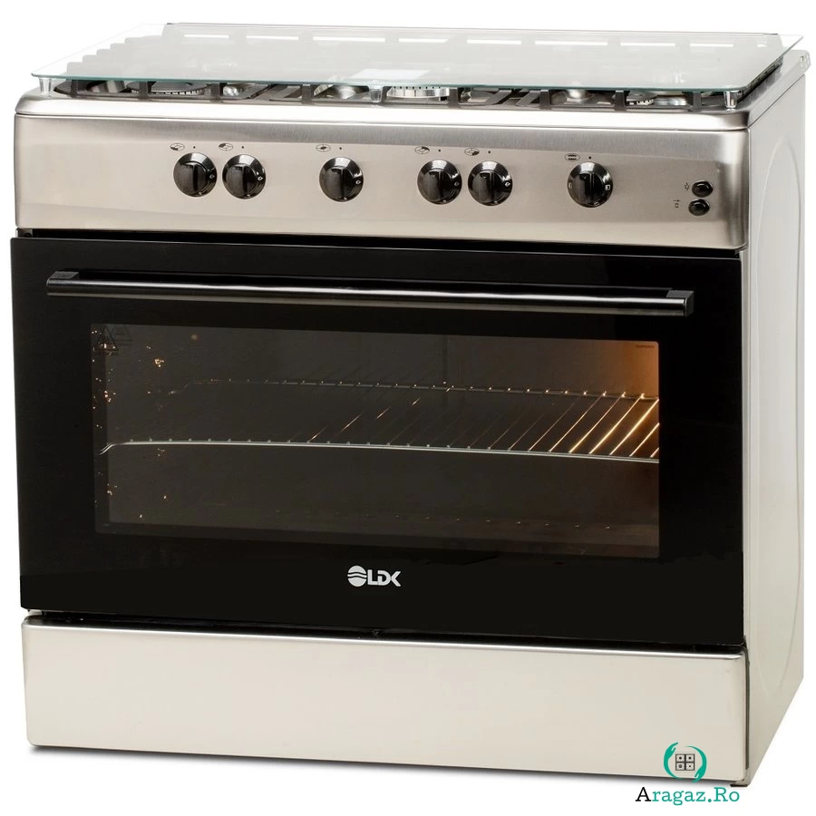 Aragaz 5 Arzatoare Aprindere Electrica Grill Rotisor 90cm Inox