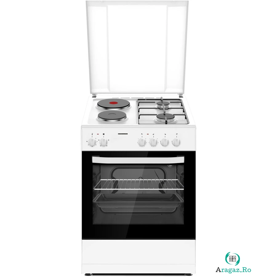 HEINNER Aragaz mixt Heinner HFSC-S60E2HSWH, 2 arzatoare gaz + 2 plite electrice, aprindere electrica arzatoare, cuptor electric, clasa A, grill, 60x60 cm, Alb