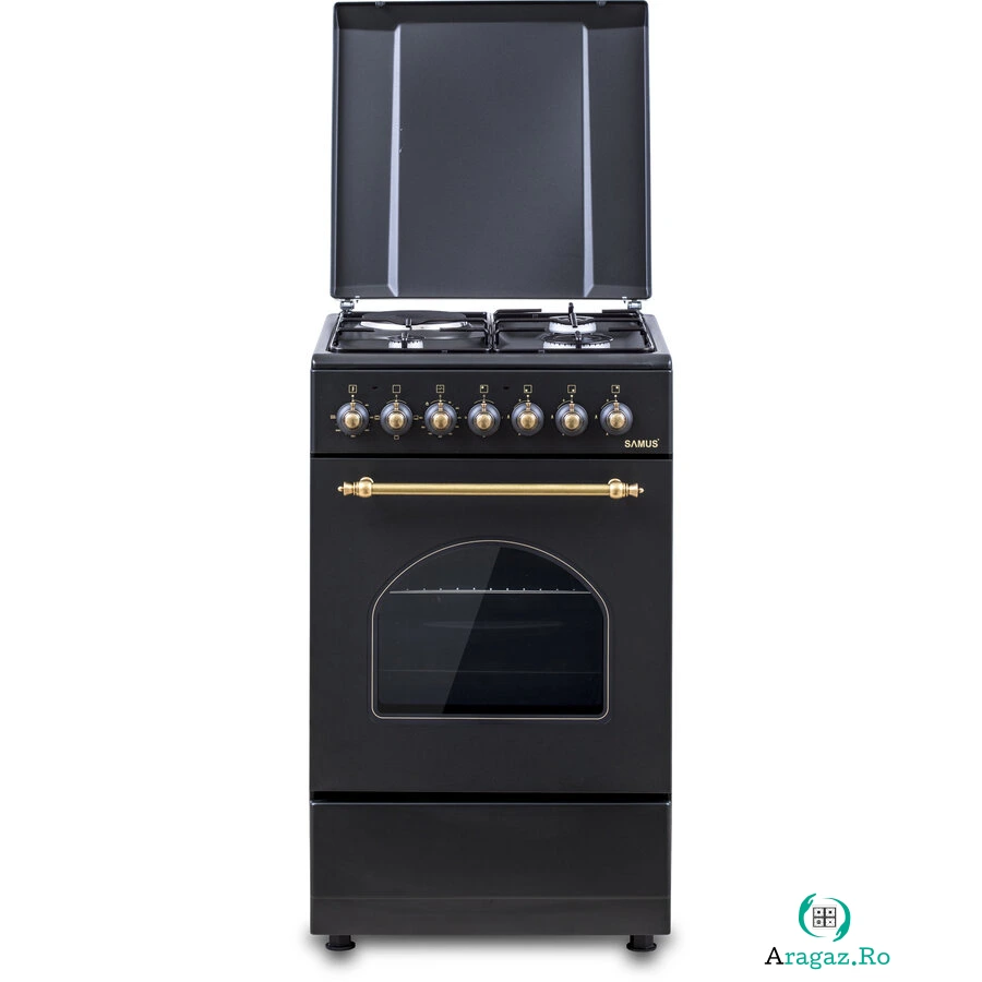Aragaz SR550EL3B1 Design Rustic 3 Arzatoare pe Gaz + 1 Arzator Electric Cuptor Electric 48L Timer Mecanic 50CM Negru la 1,204.99 lei ron