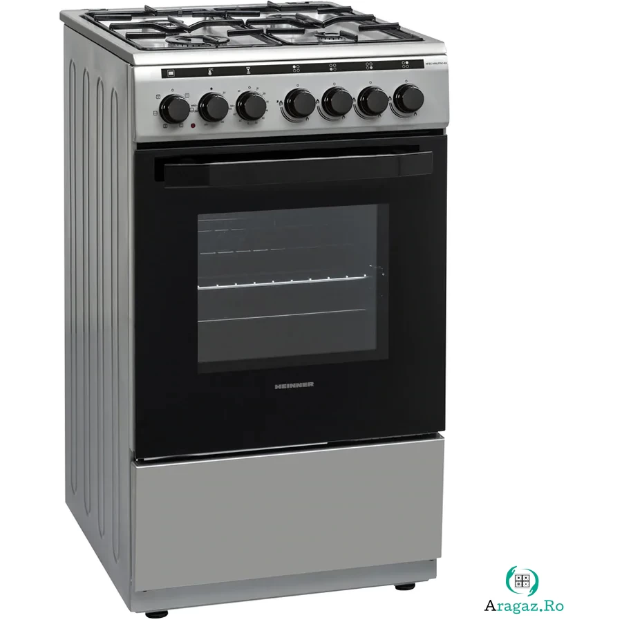 HEINNER Aragaz mixt Heinner HFSC-V60LITGC-SS, 4 arzatoare gaz, Dispozitiv de siguranta plita, Aprindere electrica, Cuptor electric, Timer, Grill, Clasa A, 50 cm, Inox