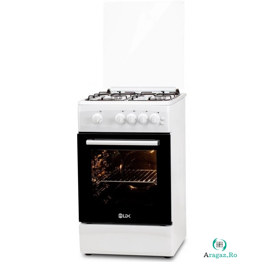 Aragaz 5060 GRAI WH RMV NG 4 Arzatoare Siguranta Grill Rotisor Aprindere Iluminare Capac sticla Alb