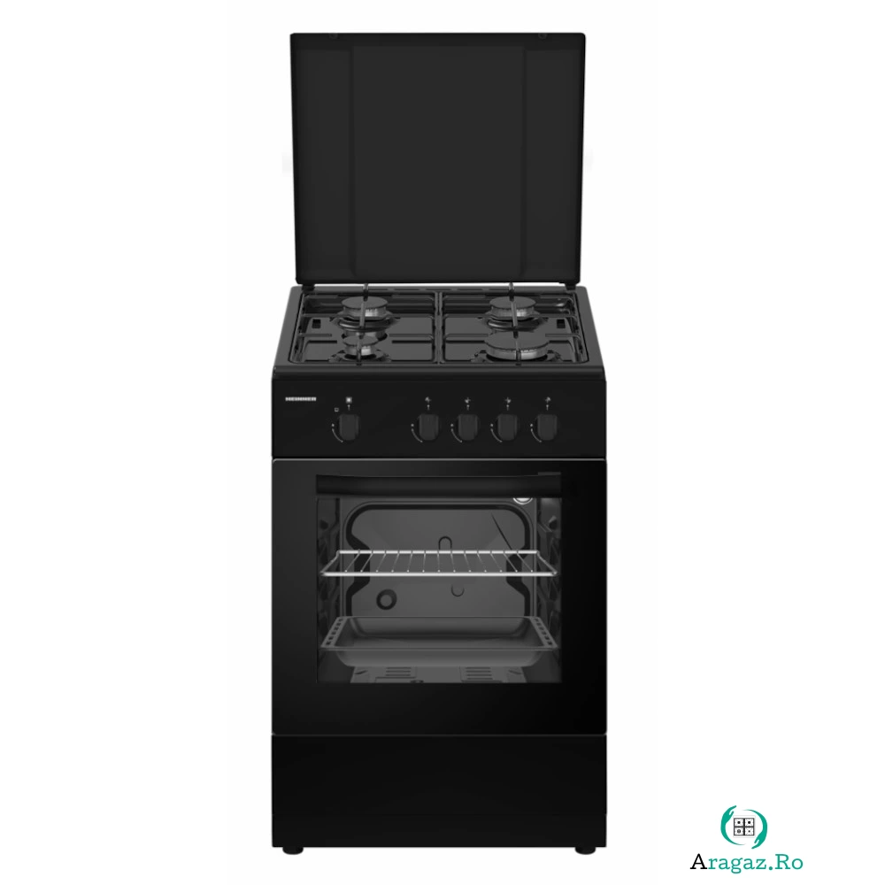 Aragaz pe Gaz Heinner HFSC-SME50BK, 4 arzatoare, Dispozitiv de siguranta, 50x50, Negru