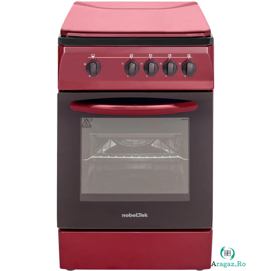 NobeLTek Aragaz NobelTek NLT 1065BD/G1, Gaz, 4 arzatoare, Dispozitiv siguranta plita si cuptor, 50 x 60 cm, Rosu Bordeaux