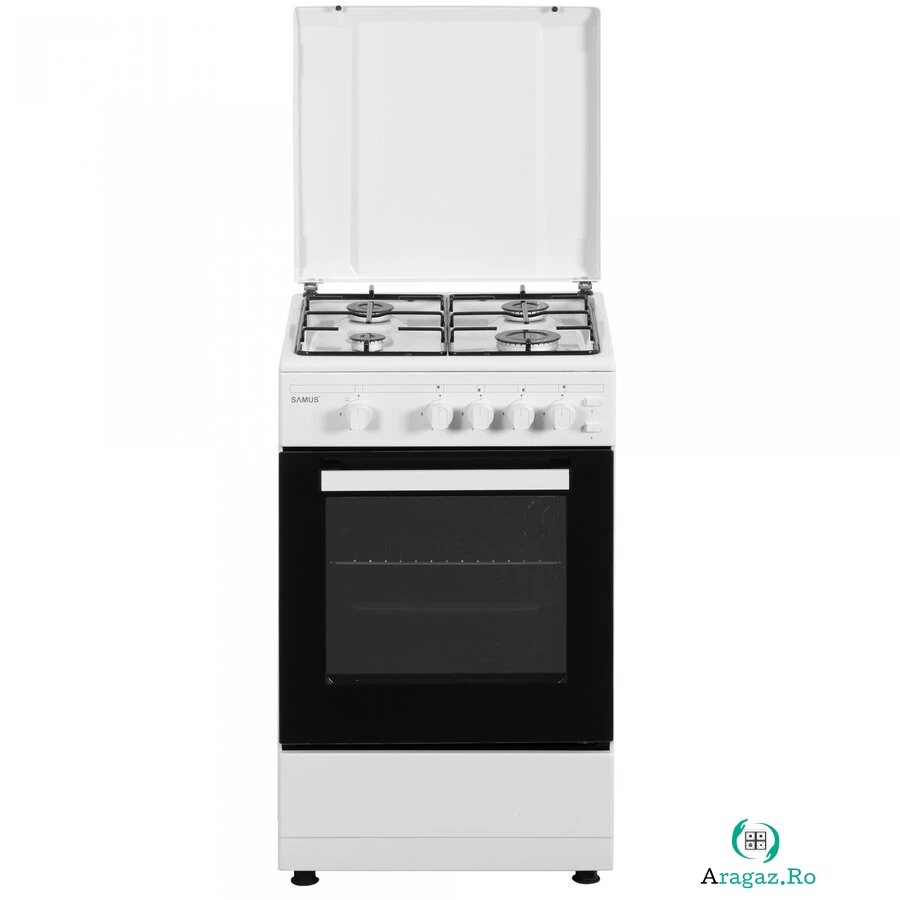 Samus Aragaz Samus SM450APBS, 4 Arzatoare, Cuptor gaz, Aprindere electrica plita, Alb la 932.99 lei ron